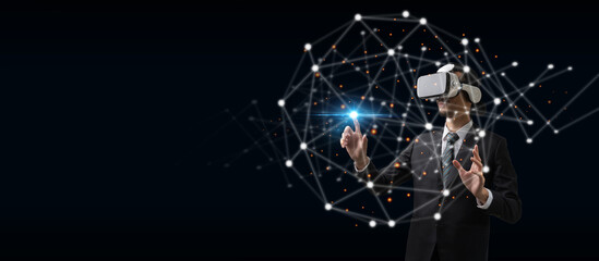 businessman wearing VR virtual reality headset hand touching virtual screen global link connecting diagram on dark background, networking security, digital, internet, communication, metaverse concept