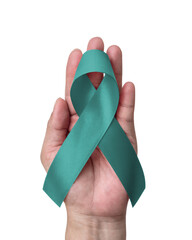 Teal ribbon awareness isolated on white (clipping path) for Ovarian Cancer, Polycystic Ovary...