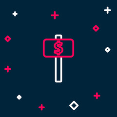 Line Hand holding auction paddle icon isolated on blue background. Bidding concept. Auction competition. Hands rising signs with BID inscriptions. Colorful outline concept. Vector