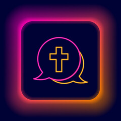 Fototapeta premium Glowing neon line Christian cross icon isolated on black background. Church cross. Colorful outline concept. Vector