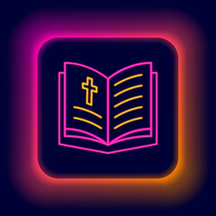 Glowing neon line Holy bible book icon isolated on black background. Colorful outline concept. Vector