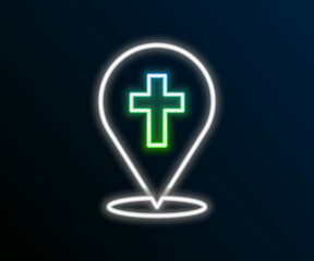 Glowing neon line Map pin church building icon isolated on black background. Christian Church. Religion of church. Colorful outline concept. Vector