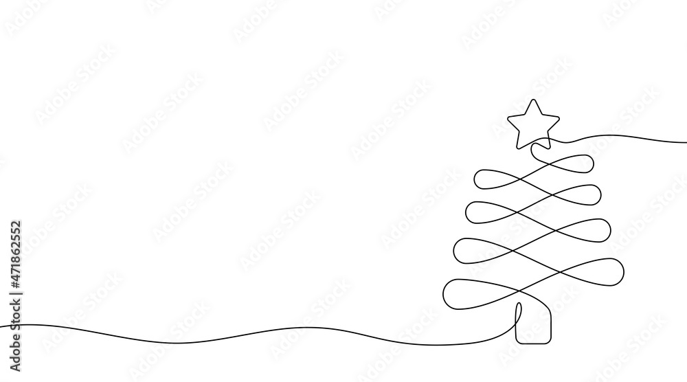 Poster continuous one line drawing of christmas tree. new year and christmas design drawn by one single lin
