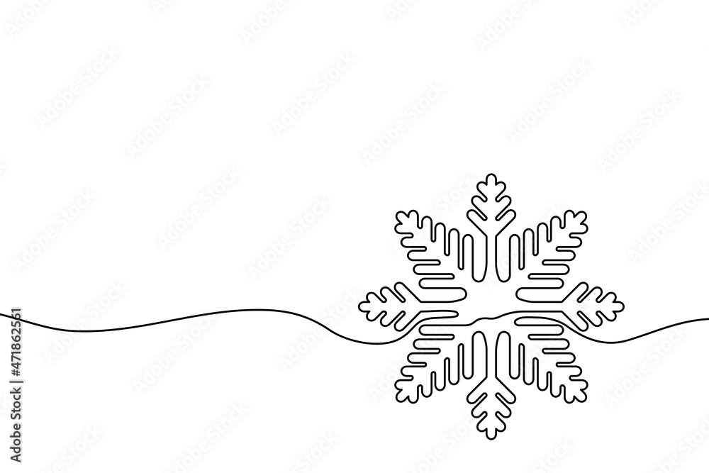 Poster continuous one line drawing of snowflake. christmas decoration drawn by one single line. vector illu