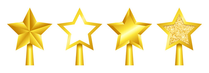 Christmas tree topper set in gold star form. Different golden stars for top of Christmas tree. 3d realistic Xmas and New Year decorations. Toys for winter holidays isolated on white background. Vector