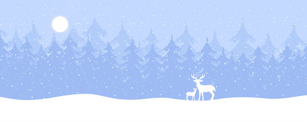 Winter landscape with forest, deer and fawn, sun and snowfall in sunny day. Panoramic illustration of winter wildlife with fir and pine trees, animals and snow. Christmas background. Vector.