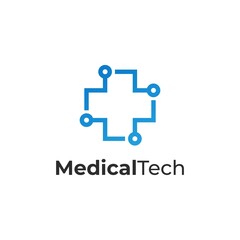 Obraz premium Medical Technology logo design. Combination of Cross or Plus with Tech symbol logo design