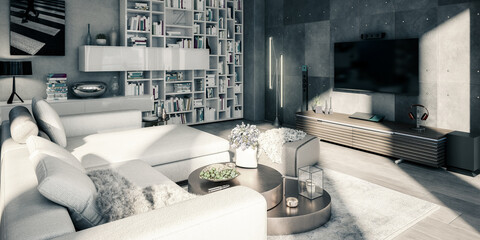 Penthouse Open Area Living Room -  panoramic black and white 3D Visualization
