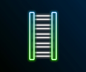 Glowing neon line Fire escape icon isolated on black background. Pompier ladder. Fireman scaling ladder with a pole. Colorful outline concept. Vector
