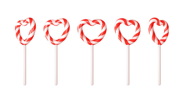 Set of 3d lollipops in shape of heart. Vector illustration with realistic 3d lollipops on white background. Sweets for Valentine's Day. Vector symbols of Valentine's Day. 