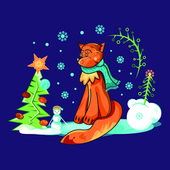 Fototapeta premium A fox sitting near New Year tree at winter day, a Christmas card imaging a fox with scarf and decorated by winter ornament including snowflakes, snow, Christmas tree, New Year toys and snowman.