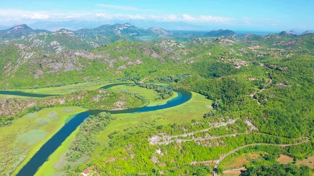 Amazing aerial view of River Rijeka Crnojevica in Montenegro. Skadarsko Jezero national park.