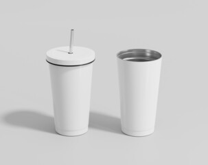 Stainless thermos water bottle mockup, steel coffee bottle