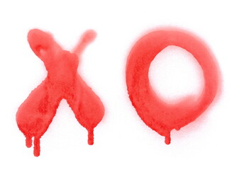 Red spray stain in shape XO isolated on white background, photo with clipping path - obrazy, fototapety, plakaty