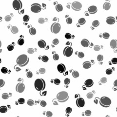 Black Plum fruit icon isolated seamless pattern on white background. Vector