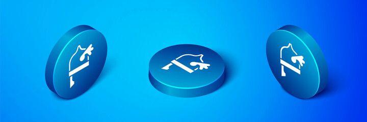 Isometric Viking in horned helmet icon isolated on blue background. Blue circle button. Vector