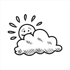 Cute cloud vector illustration drawing. Light blue cartoon cloud with cute face, print or icon. Isolated on white background.