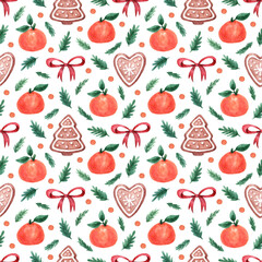 Christmas background with ginger cookies, tangerines, fir sprigs, red bow and confetti. Watercolor hand painted illustration. Winter holiday print for packaging, fabric, home decor