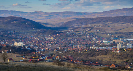 Panoramic view of the small city of Odorheiu Secuiesc in romanian, Szekelyudvarhely in hungarian in Romania.