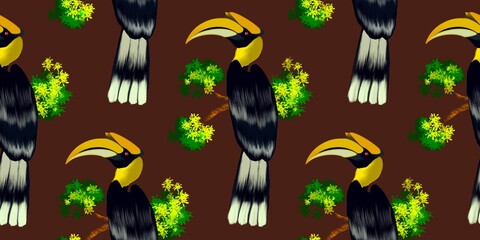Tropical botanical jungle forest, Hornbills bird in green leaves seamless pattern, background,garden concept illustration vector by freehand doodle comic art,for textile print