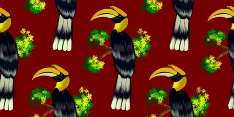 Tropical botanical jungle forest, Hornbills bird in green leaves seamless pattern, background,garden concept illustration vector by freehand doodle comic art,for textile print