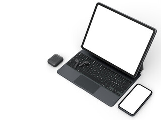 Aluminum laptop with mobile phone headphones on white background