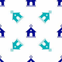 Blue Church building icon isolated seamless pattern on white background. Christian Church. Religion of church. Vector