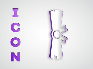 Paper cut Ancient papyrus scroll icon isolated on grey background. Parchment paper. Ancient Egypt symbol. Paper art style. Vector