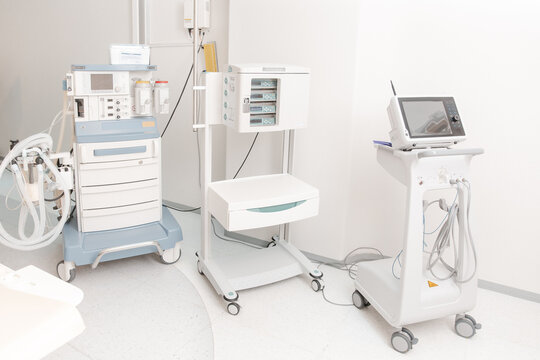 Technologically advanced equipment in CT or MRI Scan room. Modern hospital laboratory. Interior of radiography department. Magnetic resonance diagnostics machine