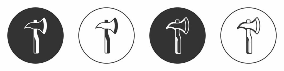 Black Firefighter axe icon isolated on white background. Fire axe. Circle button. Vector