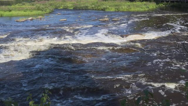 Down river from the Tahquamenon Falls in Upper Peninsula of Michigan; river moving into a small lake area in late summer. 