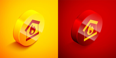 Isometric Fire in burning house icon isolated on orange and red background. Circle button. Vector