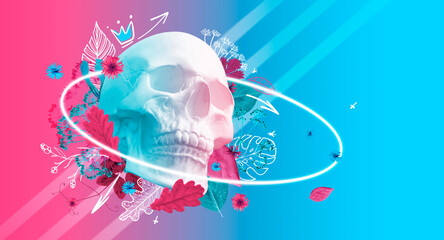 Modern concept art poster with white plaster human skull with neon ring in colors. Collage of contemporary art.