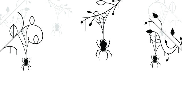 Spiders on Web with Branch Plants Botanic white Background. Halloween Background Design Element. Spooky, Scary Horror Decoration Vector