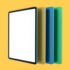 Set of computer tablets with cover case and blank screen isolated on yellow.