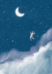 Obraz na płótnie Canvas Hand draw Woman flying to the moon, A girl wearing space helmet and flying in the night sky, fantasy illustration.