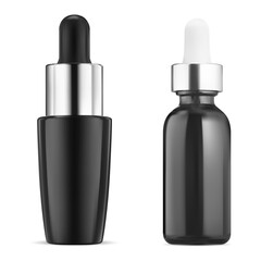 Black serum dropper bottle. Essential oil vial mock up. Liquid skin treatment eyedropper flask. Aroma essence pipette packaging, luxury anti-aging cosmetics, collagen flacon set