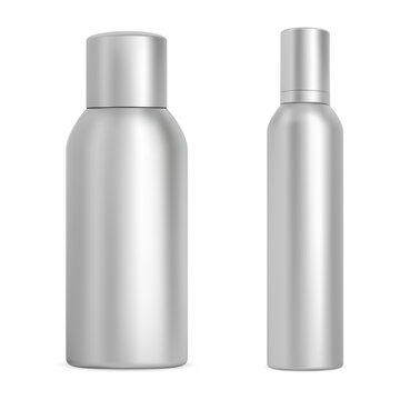 Aerosol spray bottle mockup. Deodorant can cylinder blank. Aluminium aerosol freshener bottle blank, realistic template. Refresher sprayer tube, antiperspirant tin design, metalic packaging