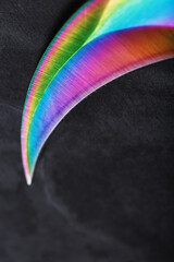The sharp blade of the Kerambit knife made of steel is multicolored in close-up on a dark background.