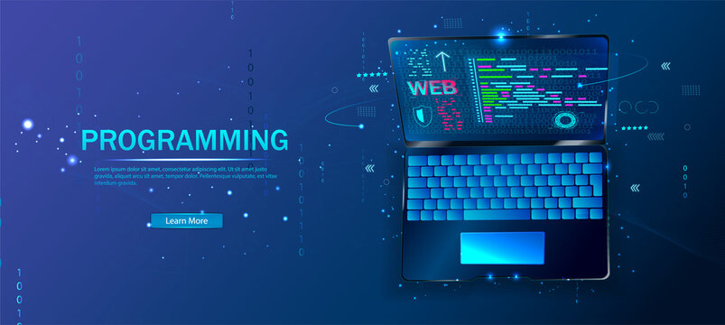Software, web development, programming concept. Abstract programming language and program code on a laptop screen. Web development, coding, and programming. Vector illustration