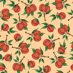 Seamless pattern with branches and fruits of peaches, nectarines, apricots. Juicy fruits with leaves on a delicate background. Watercolor hand drawn illustration. For textiles, packaging.