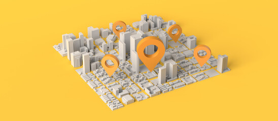 Location concept in urban environment with locator mark on city. 3D illustration. Copy space.