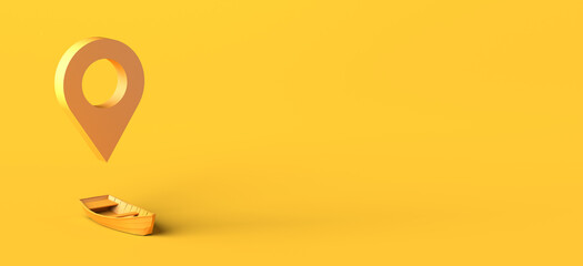 Sea location concept with boat and locator mark. 3D illustration. Copy space.