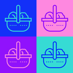 Pop art line Shopping basket and food icon isolated on color background. Food store, supermarket. Vector
