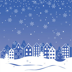 Obraz na płótnie Canvas Christmas card template with christmas tree, houses and snowflakes. Merry Christmas! Happy New Year!