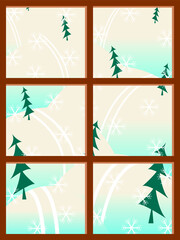Vector graphics - a beautiful view from the window of the snow-covered hills with a ski slope and green fir trees. Concept - winter holidays