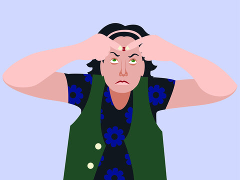 Vector graphics - a disgruntled girl squeezes a pimple on her forehead with her hands. Concept - acne and problematic oily skin