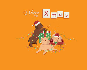 Cute labrador puppies with presents and lights. Vector card.