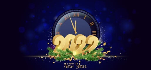 Obraz na płótnie Canvas Watch. Spruce branches. 3D the numbers are 2022. Serpentine. Flashlights. Banner, greeting card, happy New Year. The inscription happy New Year Vector illustration.