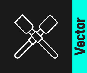 White line Oars or paddles boat icon isolated on black background. Vector